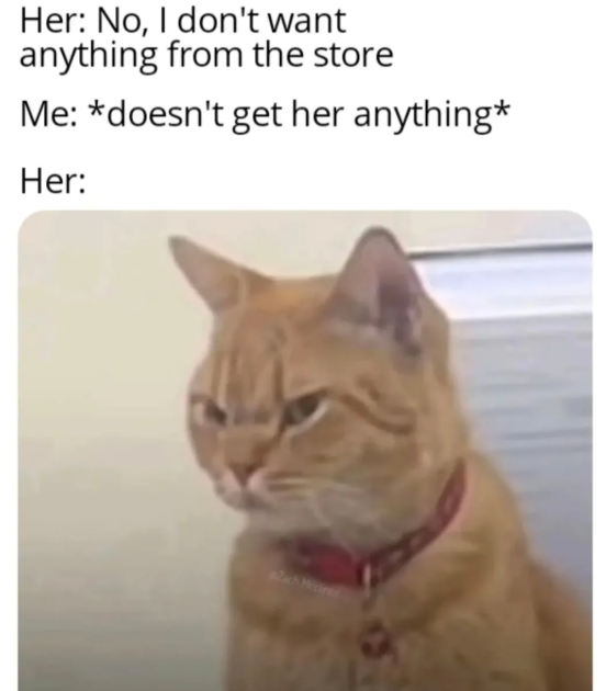 Her: No, I don't want anything from the store Me: *doesn't get her anything* Her: Zach Mccint