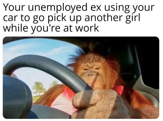 Your unemployed ex using your car to go pick up another girl while you're at work @Zach Mcclintic