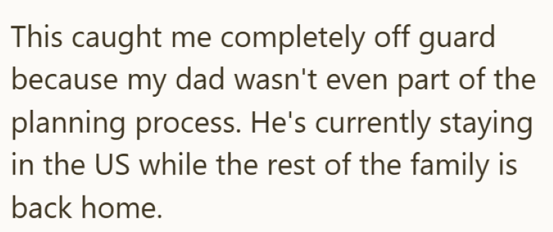 This caught me completely off guard because my dad wasn't even part of the planning process. He's currently staying in the US while the rest of the family is back home.
