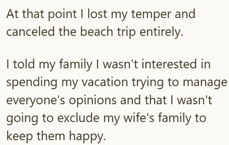 At that point I lost my temper and canceled the beach trip entirely. I told my family I wasn't interested in spending my vacation trying to manage everyone's opinions and that I wasn't going to exclude my wife's family to keep them happy.