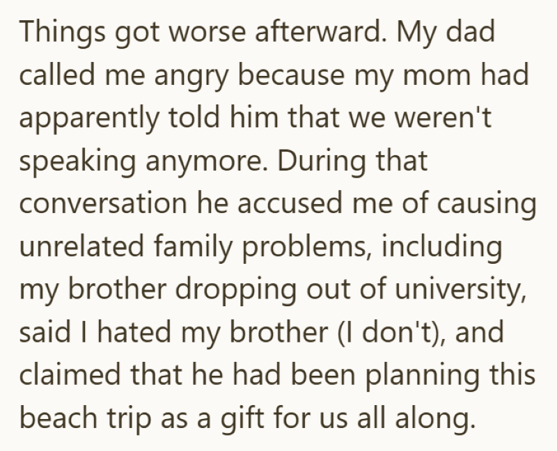 Things got worse afterward. My dad called me angry because my mom had apparently told him that we weren't speaking anymore. During that conversation he accused me of causing unrelated family problems, including my brother dropping out of university, said I hated my brother (I don't), and claimed that he had been planning this beach trip as a gift for us all along.