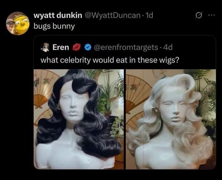wyatt dunkin @WyattDuncan 1d 0 bugs bunny Eren @erenfromtargets. 4d what celebrity would eat in these wigs? 検索