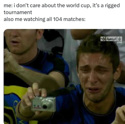 me: i don't care about the world cup, it's a rigged tournament also me watching all 104 matches: الرياضية 6 LIVE