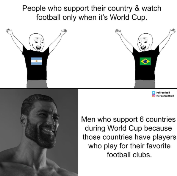 People who support their country & watch football only when it's World Cup. ✓ TrollFootball TheFootballTroll Men who support 6 countries during World Cup because those countries have players who play for their favorite football clubs.