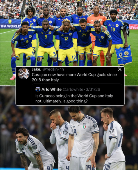 IFA WORLD 21 Sca-Cola 10 24 5 12 Jake. @YedIin-1h Curaçao now have more World Cup goals since 2018 than Italy Arlo White @arlowhite 3/31/26 Is Curacao being in the World Cup and Italy not, ultimately, a good thing? 19 X