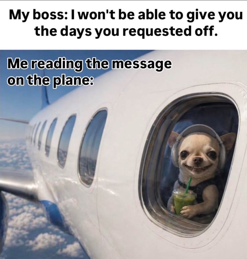My boss: I won't be able to give you the days you requested off. Me reading the message on the plane:
