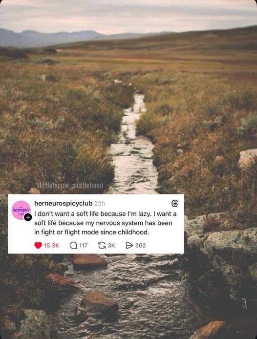 neuspicy at alittlehippie alittlehood herneurospicyclub 22h 6 I don't want a soft life because I'm lazy. I want a soft life because my nervous system has been in fight or flight mode since childhood. 15.3K 117 3K 302