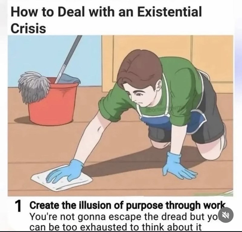 How to Deal with an Existential Crisis 1 Create the illusion of purpose through work You're not gonna escape the dread but yo can be too exhausted to think about it