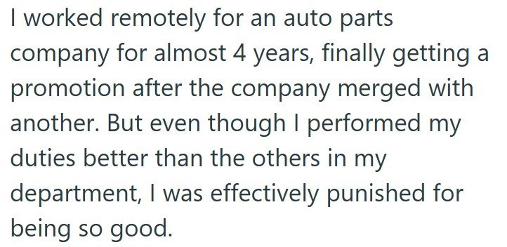 I worked remotely for an auto parts company for almost 4 years, finally getting a promotion after the company merged with another. But even though I performed my duties better than the others in my department, I was effectively punished for being so good.