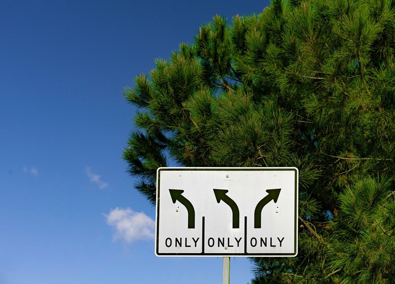 black and white dividing roads sign