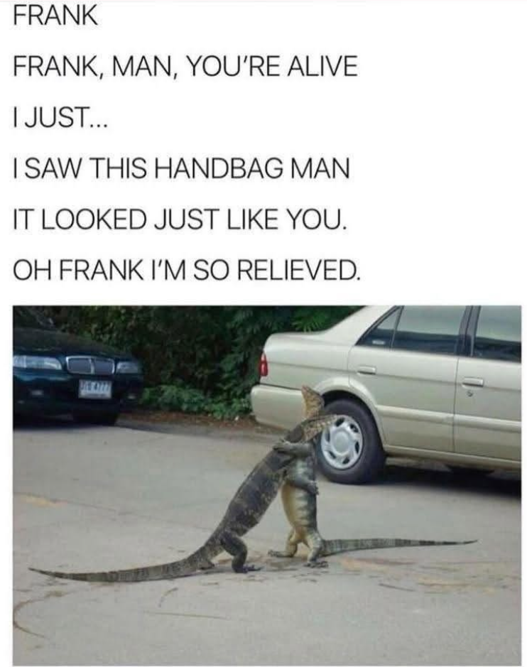 FRANK FRANK, MAN, YOU'RE ALIVE I JUST... I SAW THIS HANDBAG MAN IT LOOKED JUST LIKE YOU. OH FRANK I'M SO RELIEVED. 4777