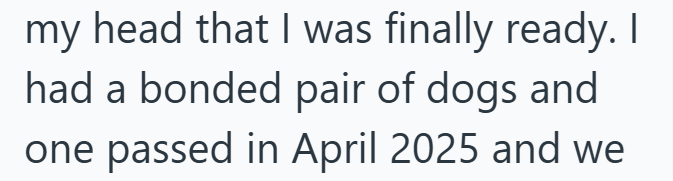 my head that I was finally ready. I had a bonded pair of dogs and one passed in April 2025 and we