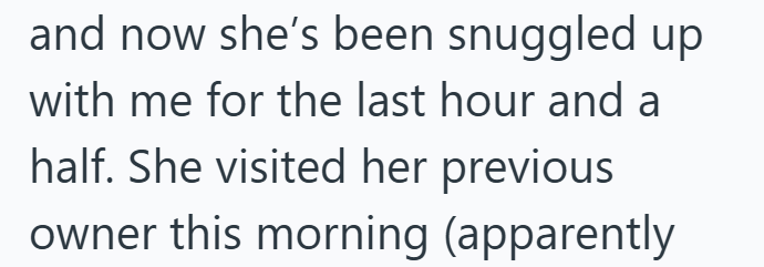 and now she's been snuggled up with me for the last hour and a half. She visited her previous owner this morning (apparently