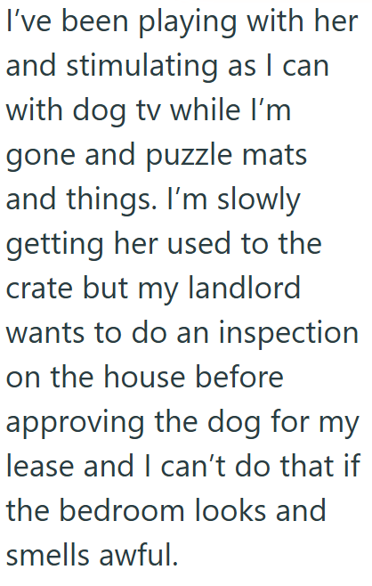 I've been playing with her and stimulating as I can with dog tv while I'm gone and puzzle mats and things. I'm slowly getting her used to the crate but my landlord wants to do an inspection on the house before approving the dog for my lease and I can't do that if the bedroom looks and smells awful.