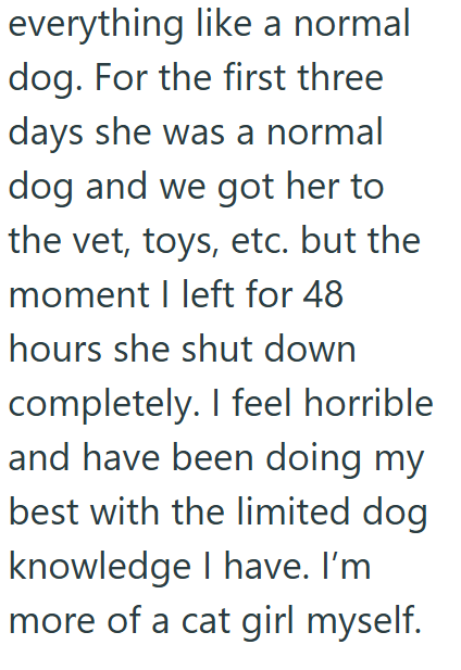 everything like a normal dog. For the first three days she was a normal dog and we got her to the vet, toys, etc. but the moment I left for 48 hours she shut down completely. I feel horrible and have been doing my best with the limited dog knowledge I have. I'm more of a cat girl myself.
