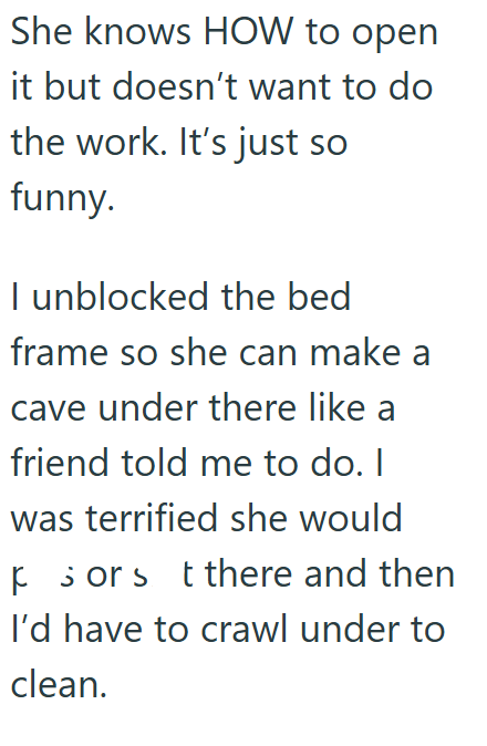 She knows HOW to open it but doesn't want to do the work. It's just so funny. I unblocked the bed frame so she can make a cave under there like a friend told me to do. I was terrified she would Forst there and then I'd have to crawl under to clean.