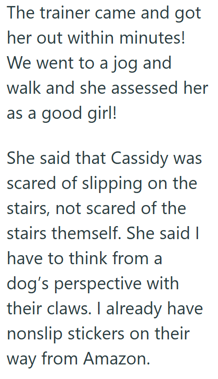The trainer came and got her out within minutes! We went to a jog and walk and she assessed her as a good girl! She said that Cassidy was scared of slipping on the stairs, not scared of the stairs themself. She said I have to think from a dog's perspective with their claws. I already have nonslip stickers on their way from Amazon.