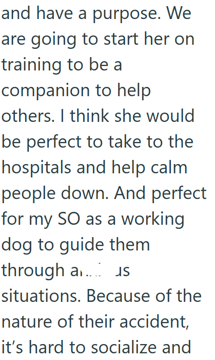 and have a purpose. We are going to start her on training to be a companion to help others. I think she would be perfect to take to the hospitals and help calm people down. And perfect for my SO as a working dog to guide them through a... situations. Because of the nature of their accident, it's hard to socialize and