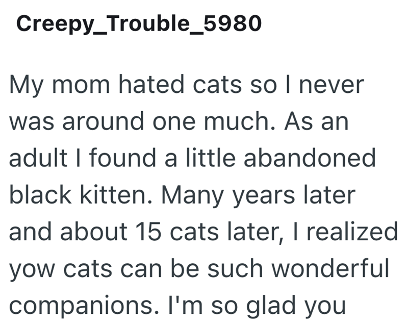 Creepy_Trouble_5980 My mom hated cats so I never was around one much. As an adult I found a little abandoned black kitten. Many years later and about 15 cats later, I realized yow cats can be such wonderful companions. I'm so glad you
