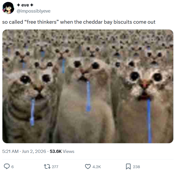 eve @impossiblyeve so called "free thinkers" when the cheddar bay biscuits come out 5:21 AM⚫ Jun 2, 2026 - 53.6K Views 17277 4.2K 238