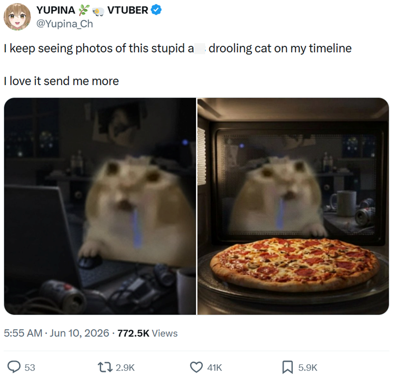 YUPINA @Yupina_Ch VTUBER I keep seeing photos of this stupid a drooling cat on my timeline I love it send me more 5:55 AM - Jun 10, 2026 · 772.5K Views ◇ 53 12.9K 41K 5.9K