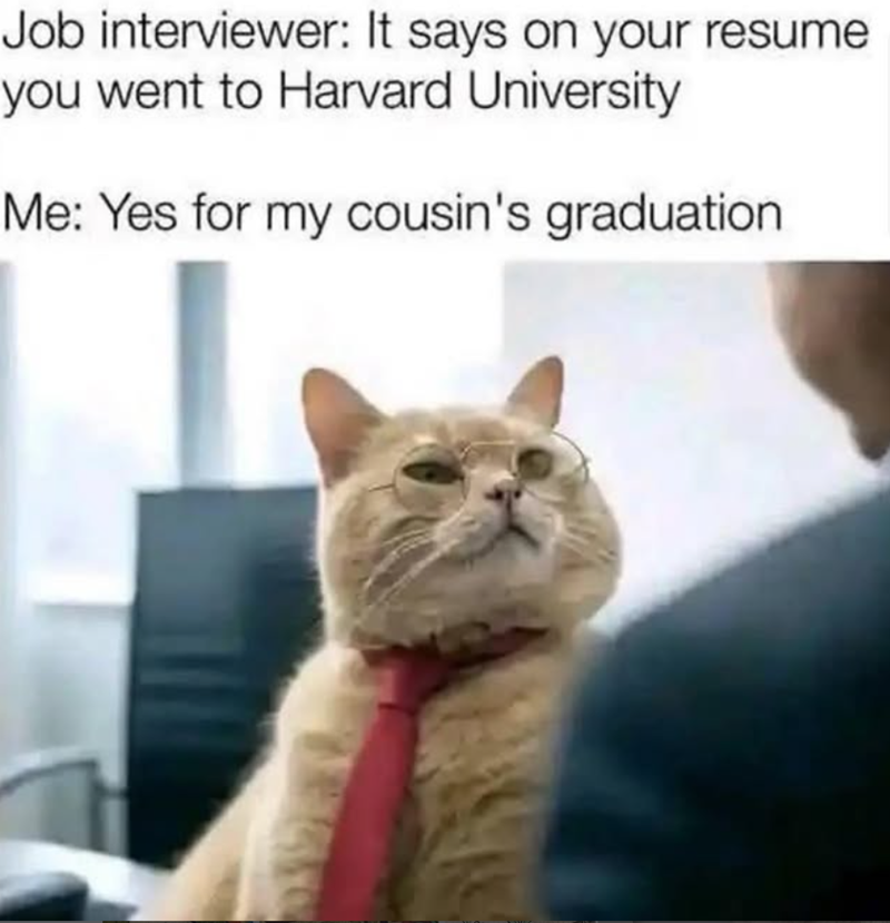 Job interviewer: It says on your resume. you went to Harvard University Me: Yes for my cousin's graduation