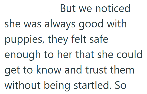 But we noticed she was always good with puppies, they felt safe enough to her that she could get to know and trust them without being startled. So