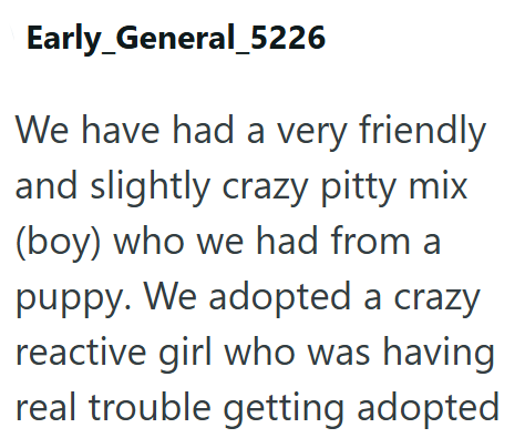 Early_General_5226 We have had a very friendly and slightly crazy pitty mix (boy) who we had from a puppy. We adopted a crazy reactive girl who was having real trouble getting adopted