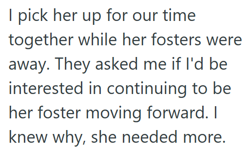 I pick her up for our time together while her fosters were away. They asked me if I'd be interested in continuing to be her foster moving forward. I knew why, she needed more.
