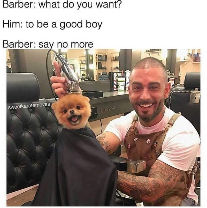 Barber: what do you want? Him: to be a good boy Barber: say no more sweetkaratemoves