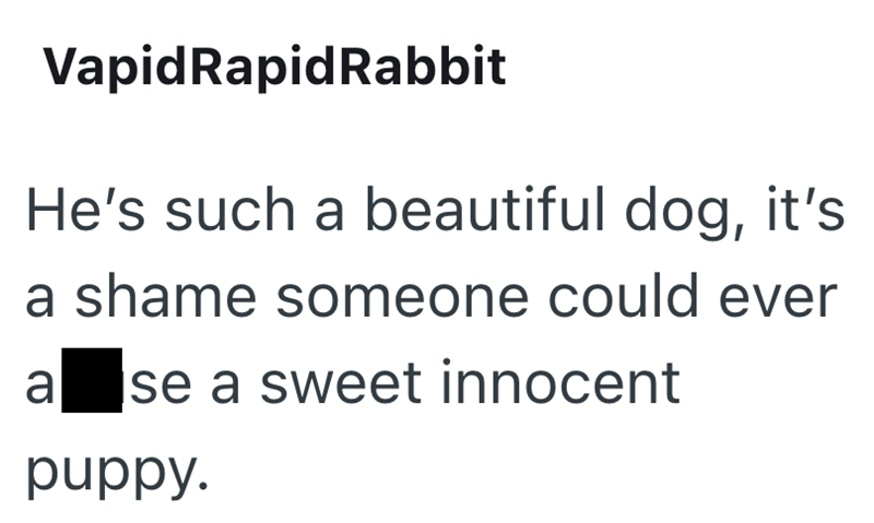 VapidRapidRabbit He's such a beautiful dog, it's a shame someone could ever se a sweet innocent 20 a puppy.