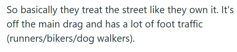 So basically they treat the street like they own it. It's off the main drag and has a lot of foot traffic (runners/bikers/dog walkers).