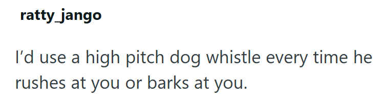 ratty_jango I'd use a rushes at you or barks at you. high pitch dog whistle every time he