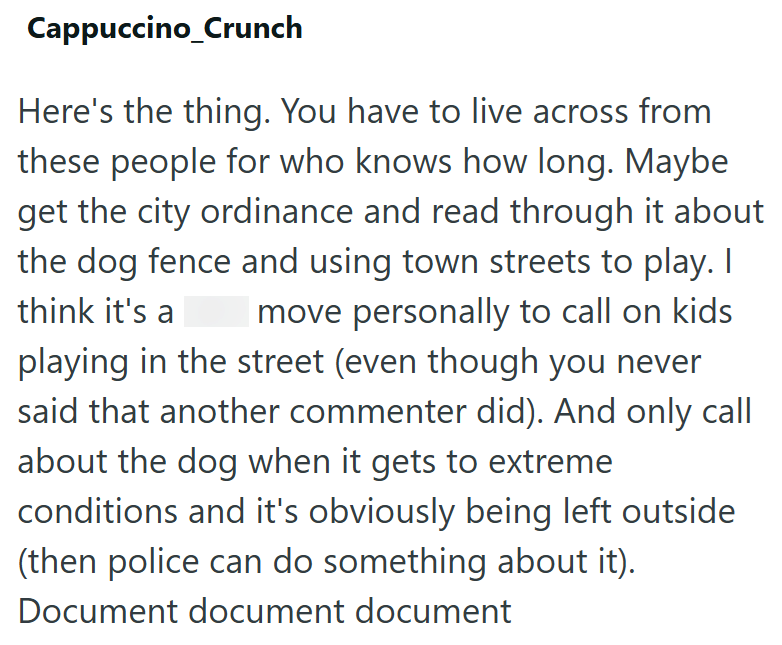 Cappuccino_Crunch Here's the thing. You have to live across from these people for who knows how long. Maybe get the city ordinance and read through it about the dog fence and using town streets to play. I think it's a I move personally to call on kids playing in the street (even though you never said that another commenter did). And only call about the dog when it gets to extreme conditions and it's obviously being left outside (then police can do something about it). Document document document