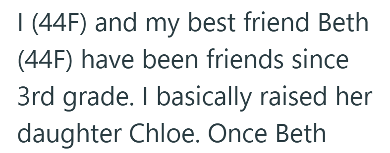I (44F) and my best friend Beth (44F) have been friends since 3rd grade. I basically raised her daughter Chloe. Once Beth