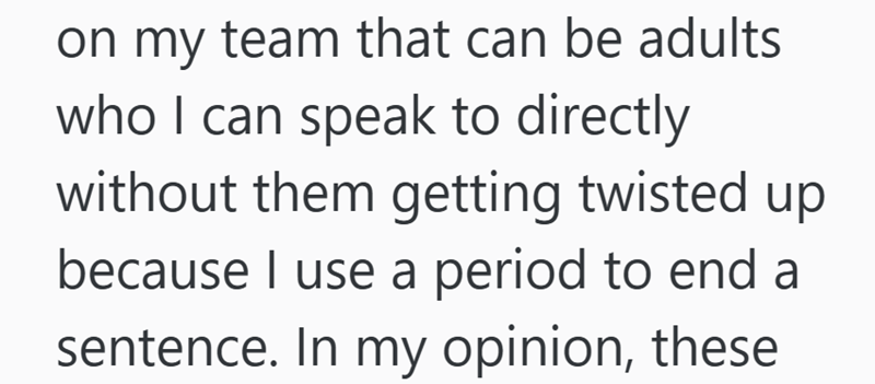 on my team that can be adults who I can speak to directly without them getting twisted up because I use a period to end a sentence. In my opinion, these
