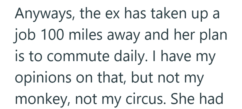 Anyways, the ex has taken up a job 100 miles away and her plan is to commute daily. I have my opinions on that, but not my monkey, not my circus. She had