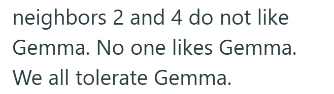 neighbors 2 and 4 do not like Gemma. No one likes Gemma. We all tolerate Gemma.