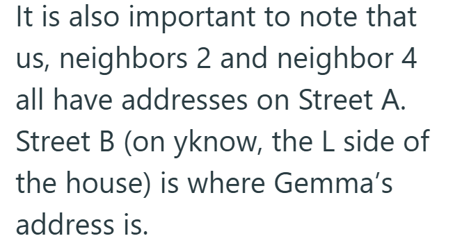 It is also important to note that us, neighbors 2 and neighbor 4 all have addresses on Street A. Street B (on yknow, the L side of the house) is where Gemma's address is.