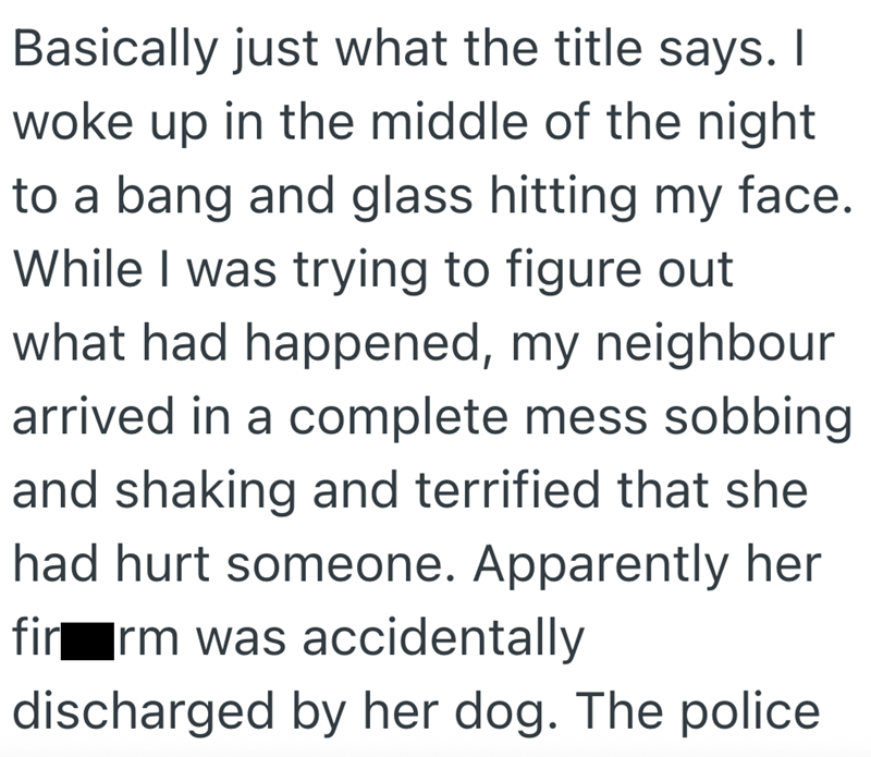 Basically just what the title says. I woke up in the middle of the night to a bang and glass hitting my face. While I was trying to figure out what had happened, my neighbour arrived in a complete mess sobbing and shaking and terrified that she had hurt someone. Apparently her fir rm was accidentally discharged by her dog. The police