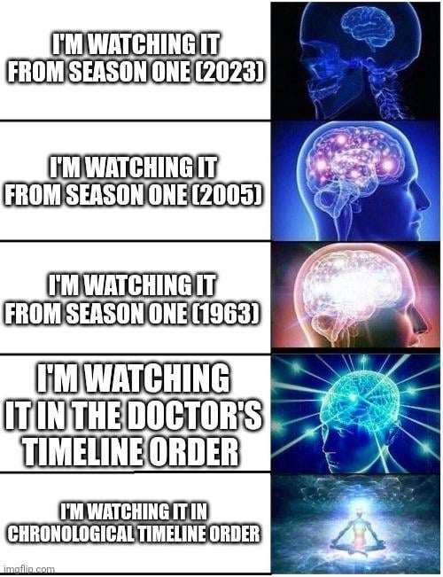 I'M WATCHING IT FROM SEASON ONE (2023) I'M WATCHING IT FROM SEASON ONE (2005) I'M WATCHING IT FROM SEASON ONE (1963) I'M WATCHING IT IN THE DOCTOR'S TIMELINE ORDER I'M WATCHING IT IN CHRONOLOGICAL TIMELINE ORDER imgflip.com