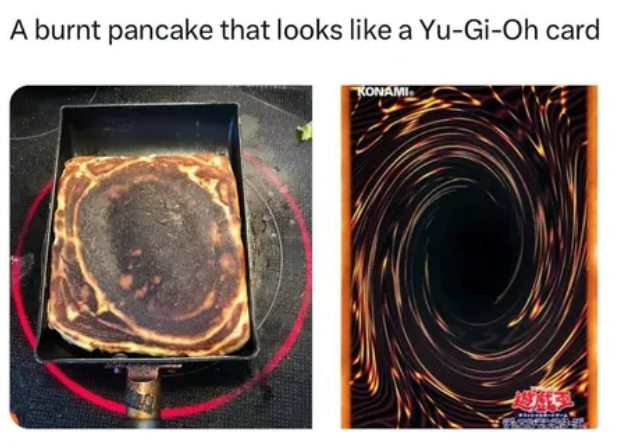 A burnt pancake that looks like a Yu-Gi-Oh card KONAMI