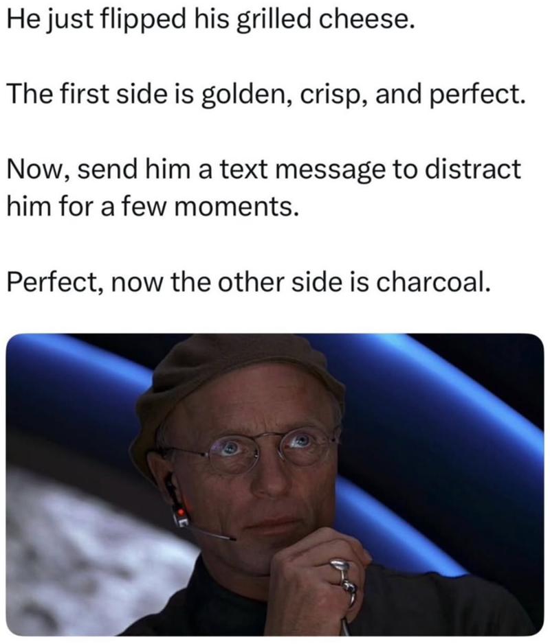 He just flipped his grilled cheese. The first side is golden, crisp, and perfect. Now, send him a text message to distract him for a few moments. Perfect, now the other side is charcoal.