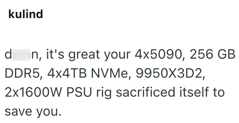 kulind d n, it's great your 4x5090, 256 GB DDR5, 4x4TB NVMe, 9950X3D2, 2x1600W PSU rig sacrificed itself to save you.