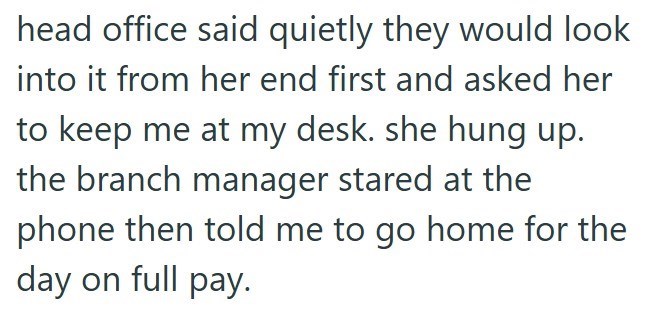 head office said quietly they would look into it from her end first and asked her to keep me at my desk. she hung up. the branch manager stared at the phone then told me to go home for the day on full pay.