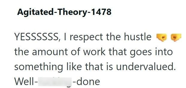 Agitated-Theory-1478 YESSSSSS, I respect the hustle the amount of work that goes into something like that is undervalued. -done Well-