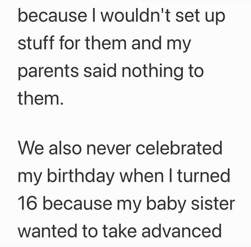 because I wouldn't set up stuff for them and my parents said nothing to them. We also never celebrated my birthday when I turned 16 because my baby sister wanted to take advanced