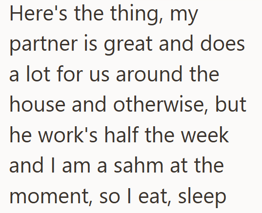 Here's the thing, my partner is great and does a lot for us around the house and otherwise, but he work's half the week and I am a sahm at the moment, so I eat, sleep