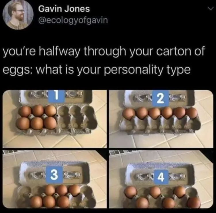 Gavin Jones @ecologyofgavin you're halfway through your carton of eggs: what is your personality type 2 3 14火炮
