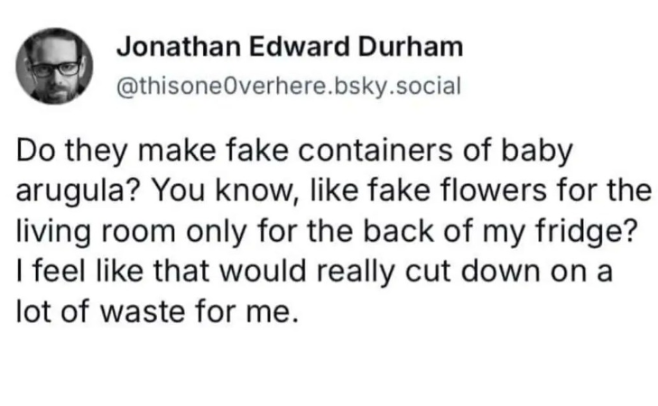 Jonathan Edward Durham @thisone Overhere.bsky.social Do they make fake containers of baby arugula? You know, like fake flowers for the living room only for the back of my fridge? I feel like that would really cut down on a lot of waste for me.
